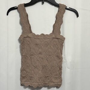 Pink Rose Jacquard Floral Crop Cami S/M Taupe Mushroom Scalloped Lettuce Edge